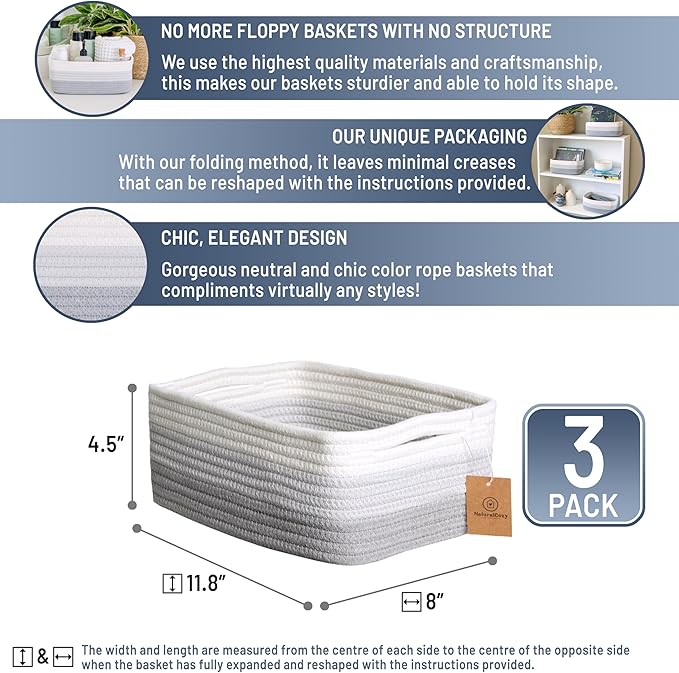 NaturalCozy 11.8"x8"x4.5” Rectangle Storage Baskets for Shelves 3 Pack | Cotton Rope Woven Small Baskets for Organizing | Sma