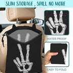 Car Garbage Bag Skeleton Hand Peace Sign Drawstring Car Trash Bag Hanging for Back Seat with Adjustable Buckle Canvas Vehicle Trash Can Easy-to-Install