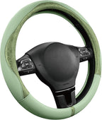 PIC AUTO Steering Wheel Cover, Green Patterned Leather Patchwork Design, Universal Fit 14.5"–15.5", Anti-Slip, Odor-Free, Sof