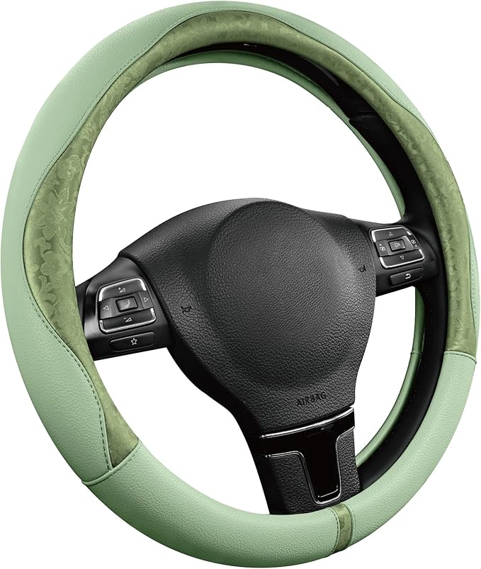 PIC AUTO Steering Wheel Cover, Green Patterned Leather Patchwork Design, Universal Fit 14.5"–15.5", Anti-Slip, Odor-Free, Sof