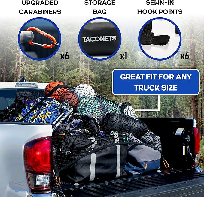 Upgraded Highly Elastic Cargo Net, USA Company, Simple Truck Bed Cargo Mesh Organizer, Suitable for Light Loads, Heavy Duty Carabiners, 4'x4'