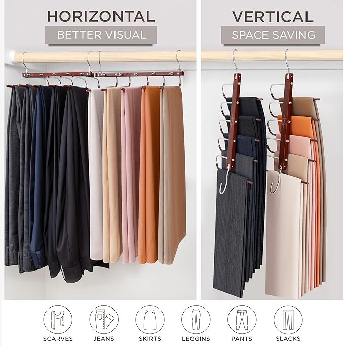 MORALVE Pants Hangers Space Saving - 2 Pack European Beechwood Scarf and Jean Hangers - Closet Organizer and Space Saver Pant