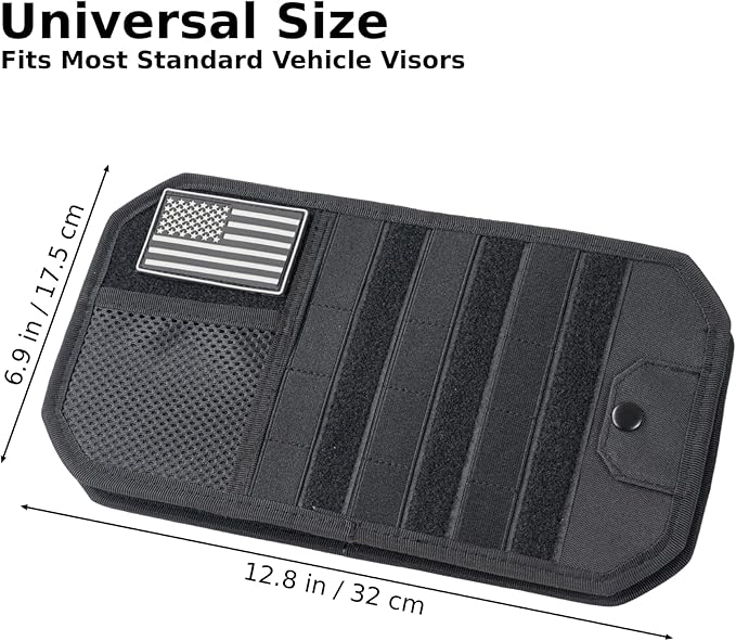 Car Visor Organizer, Sun Visor Organizer for Trucks Cars SUVs, Tactical Car Accessories with Zipper Visor Storage Pouch, Glasses Clip and Card Sleeve Pocket, Molle Visor Organizer with Panel (Black)