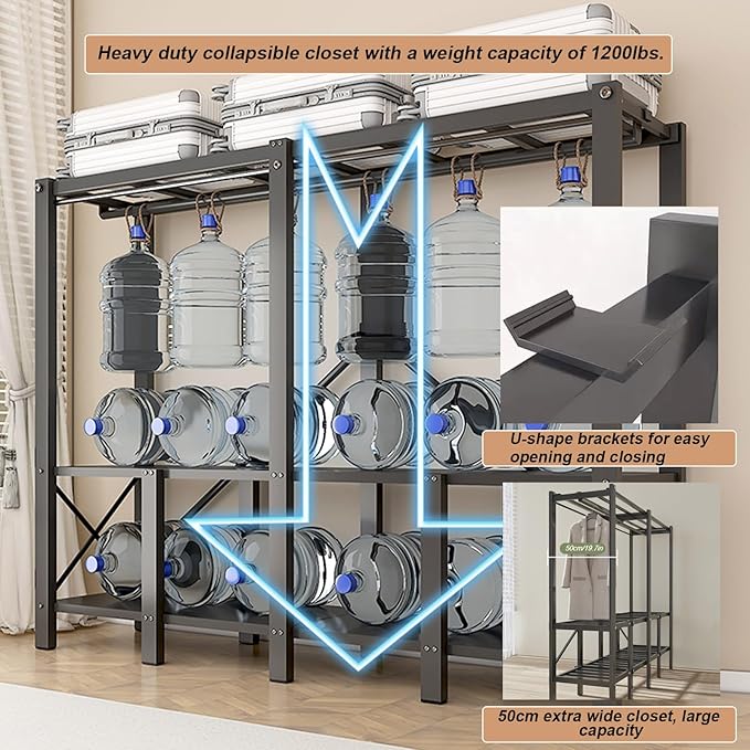 Portable Foldable Wardrobe Closet, Grey Heavy Duty Garment Rack with Fabric Cover and 2 Hanging Rods, 50cm Large Capacity Ext