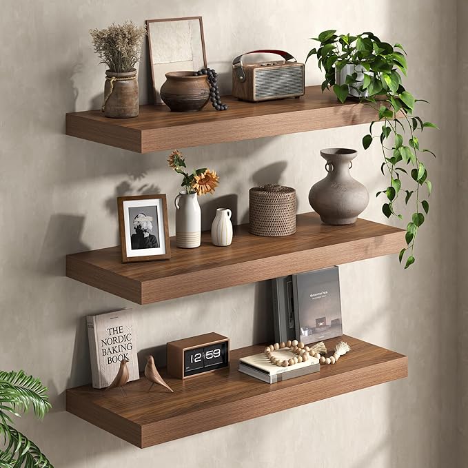 Walnut Floating Shelves 48Inch Long, 12 Inch Deep Floating Shelves for Wall, 48 x 12 Large Floating Shelf for Fireplace Mante