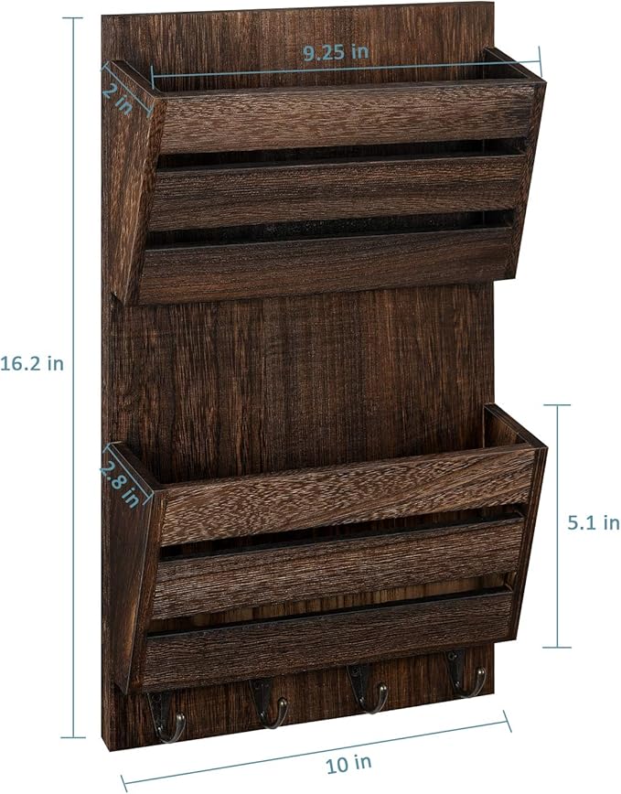 BTY Mail Holder for Wall, Wooden Mail Sorter with 4 Key Hooks, 2 Slot Wall Mounted Mail Sorter Letter Bills Newspaper Magazin