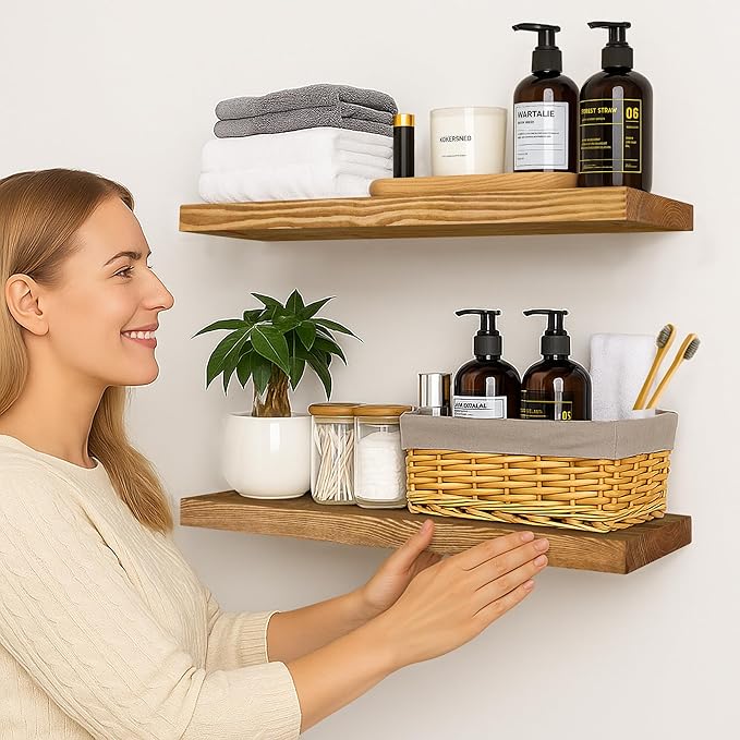 BGMG Wood Floating Shelves for Wall 24 inch Set of 2, Rustic Wooden Wall Mount Shelves for Living Room Bedroom Kitchen Farmho