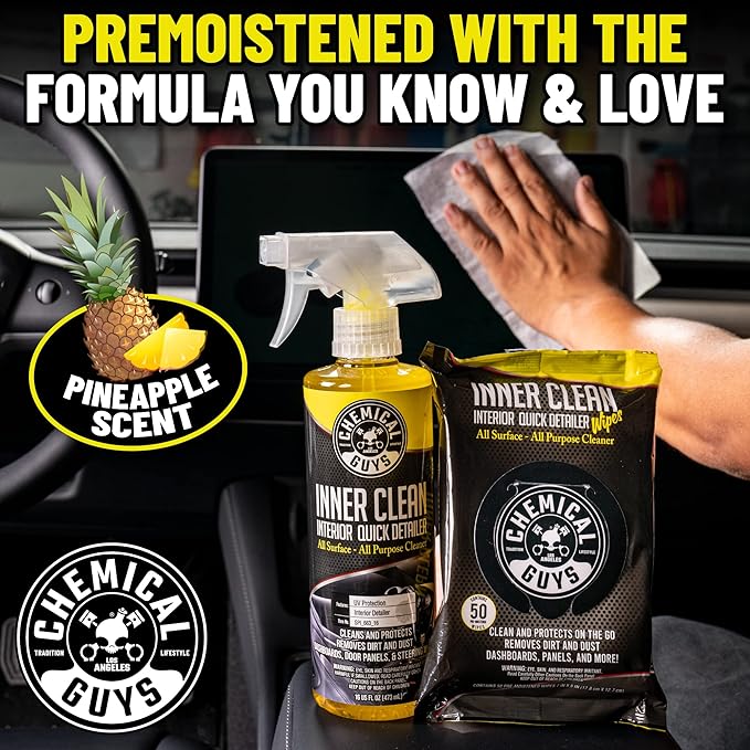 Chemical Guys InnerClean Interior Quick Detailer & Protectant Wipes – 50 Pack Multi Surface Interior Cleaner Wipes for Dashbo