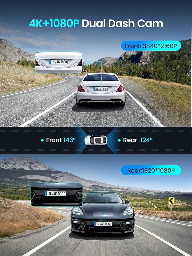 DDPAI Dash Cam Front and Rear, 4K+1080P Car On-Dash Mounted Cameras, Dashcam Included 64GB Card, Built-in 5G WiFi 6, GPS, 3''