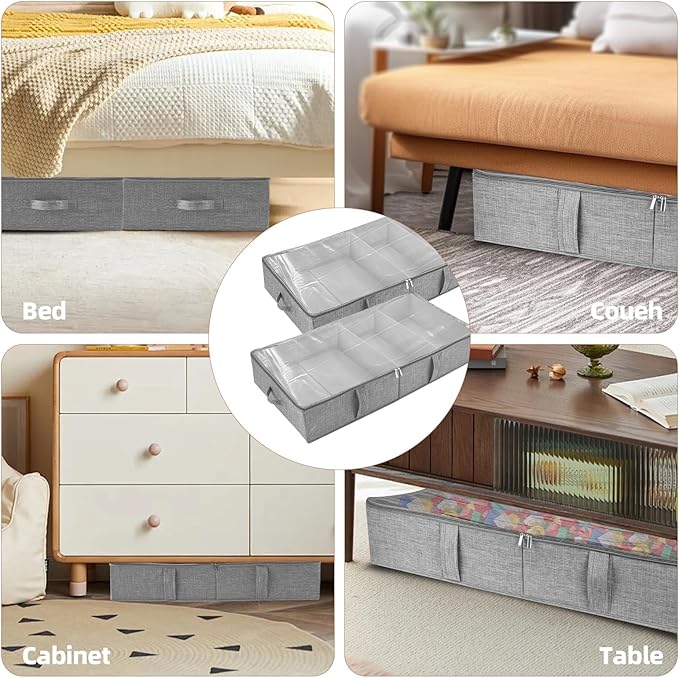 2-Pack Under Bed Toy Storage Boxes, Grey Toy Organizer with Clear PVC Lid, Foldable Under Couch Storage Bins (31.8×16×5.9in),