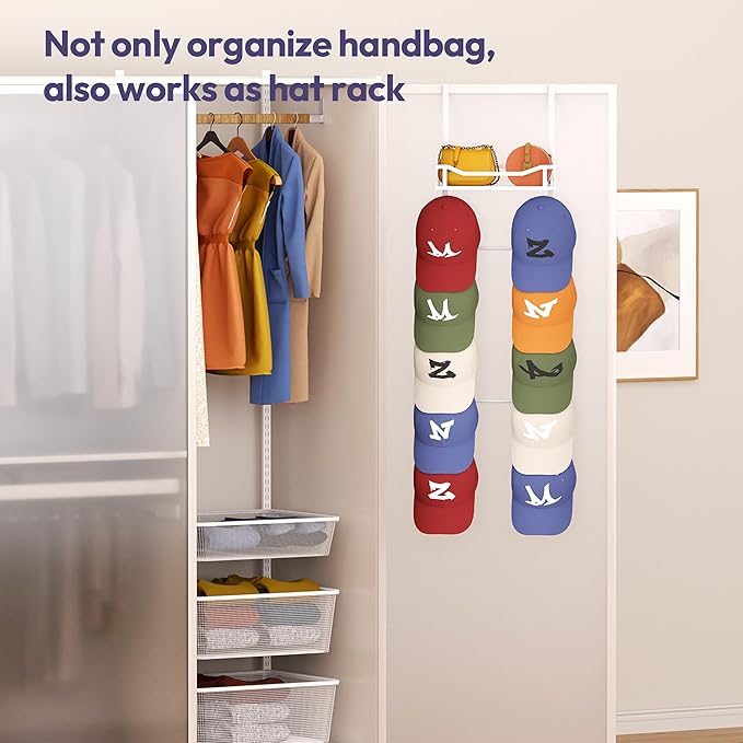 SWTYMIKI Over The Door Purse Organizer - Wall Mounted Purse Rack with 10 Hooks and Metal Basket, Handbag Hanger Organizer Hol