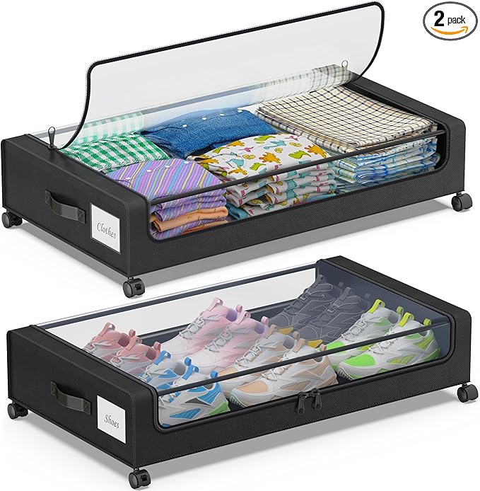 Under Bed Storage with Wheels, 2-Pack Under Bed Storage Containers with Clear Lids, XXL 60L Under the bed storage Organizer B