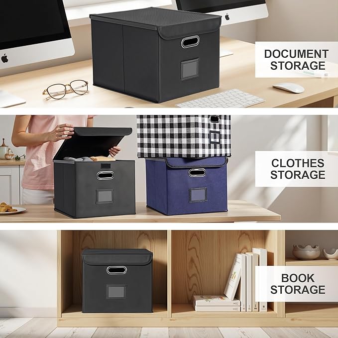 Hleelomi Collapsible File Box with Lid & Plastic Slide - Hanging Document Organizer for Office/Home, 14.96x12.6x10.83 Inch,De