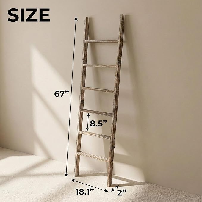 Blanket Ladder for Living Room 6-Tier, Wooden Decorative Quilt Holder for Bed Room, Wall-Leaning Towel Rack for Bathroom, Dec