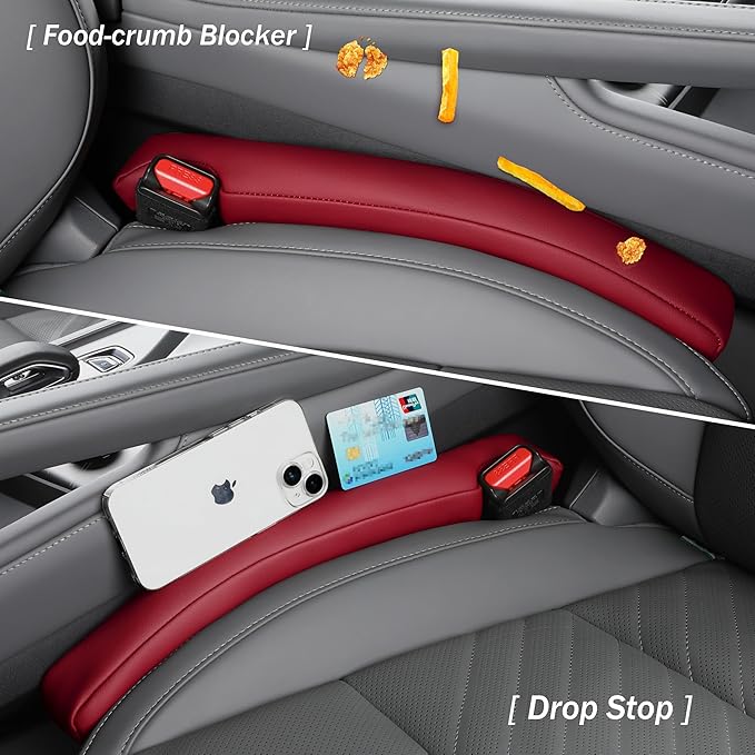 Car Seat Gap Filler - 2 Pack Premium Leather Console Blockers for Cars, Trucks & SUVs - Adjustable 1.4-2.4 Inch Width - Prevents Items Falling Between Seats (Wine)
