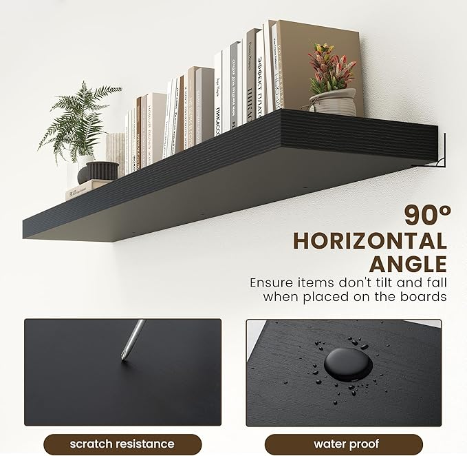 72 Inch Black Floating Shelf | 12 Inch Deep Floating Shelves Set of 1 | 72" D x 12" D Rustic Wood Shelves for Wall | Deep Bla
