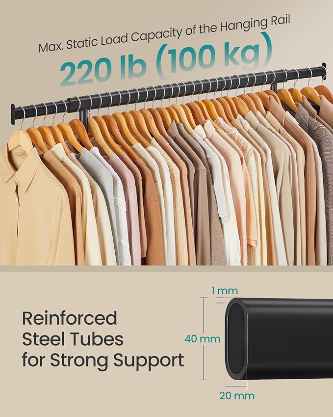 SONGMICS Clothes Rack with Wheels, Heavy-Duty Clothing Rack for Hanging Clothes, Portable, 17.7 x (36.2-52) x 63.6 Inches, wi
