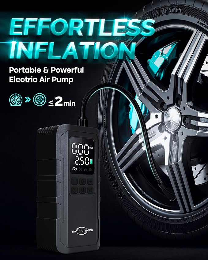 Tire Inflator Portable Air Compressor - 150PSI Cordless Portable Air Pump for Car Tires with Pressure Gauge & LED Lights - 3X Faster Tire Pump for Car, Motorcycle, Balls and Bicycle, Black
