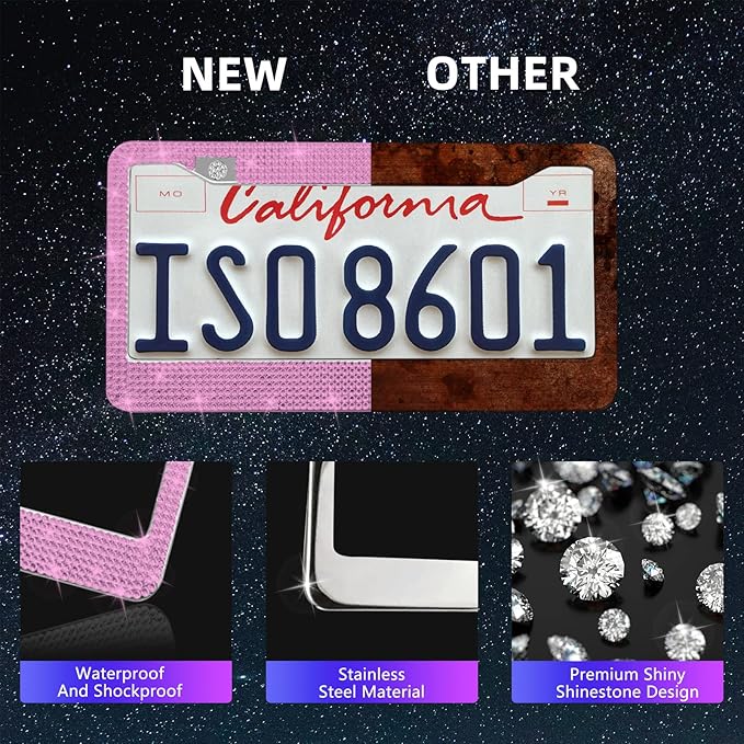 25PCS Bling Car Car Accessories Set,15 Inch Steering Wheel Cover,Shiny License Plate Frame,Center Console Cover and Rearview Mirror Set and Other Car Accessories(Pink)