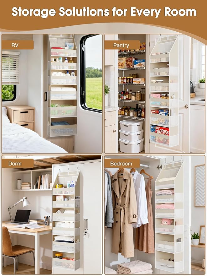 Criusia Over the Door Organizer, 6-Shelf Closet Hanging Storage with 13 Mesh Pockets, 55lbs Capacity Behind the Door Storage 