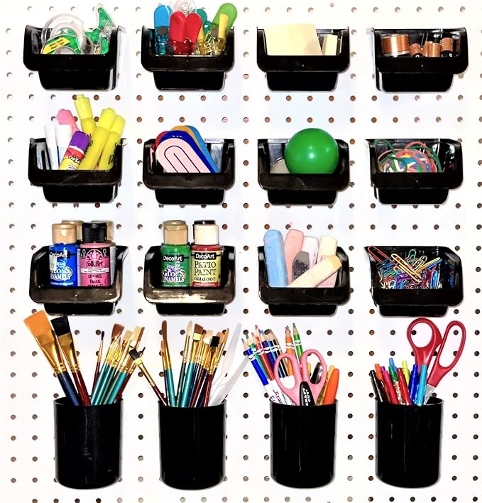 WallPeg Pegboard Bins & Cups - 15 each 5" Bins and 5 each 5" Cups - Hooks to Peg Board Panel Organize Hardware Arrange Access