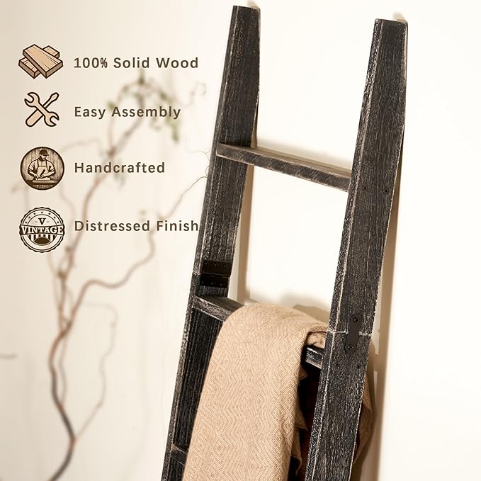 Blanket Ladder for The Living Room 6-Tier, Wooden Decorative Quilt Holder for Bed Room, Wall-Leaning Wood Towel Rack for Bath