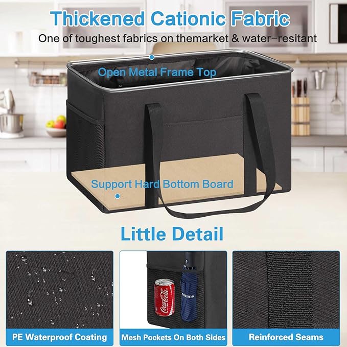 LHZK Standing Utility Tote Bag with Metal Wire Frame and the Sides Rinforced, Large Tote Bag with Handle, Reusable Grocery