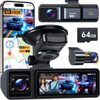 3 Channel Dash Cam, Dash Cam Front and Rear Inside, 5.8GHz WiFi Built-in GPS, Free 64GB Card, 3.2" IPS Screen, 4k Dash Camera