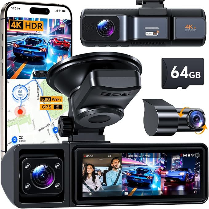 3 Channel Dash Cam, Dash Cam Front and Rear Inside, 5.8GHz WiFi Built-in GPS, Free 64GB Card, 3.2" IPS Screen, 4k Dash Camera