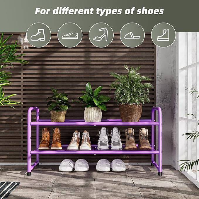 SUFAUY 2-Tier Mesh Shoe Rack, Closet Metal 33" Wide Shoe Shelf Heavy Duty, Purple