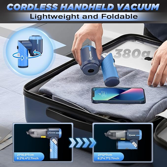 Saker Portable Car Vacuum Cleaner Cordless High Power 17000PA 3 in 1 Foldable Handheld Vacuum Cordless with Brushless Motor f