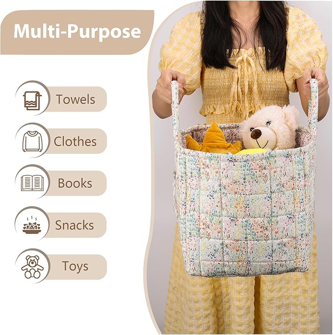 Storage Basket Boho Fabric Large Collapsible Floral Laundry Nursery Hamper Portable Folding Storage for Clothes Toys (Blue Fl