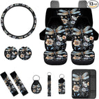 Dragonfly Car Seat Cover Full Set with Auto Steering Wheel Cover Seat Belt Strap Pads Cup Coasters Armrest Pad Floral Keychains Chapstick Holder Universal Fit, 13 PCS