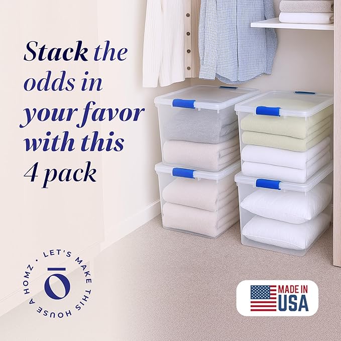 HOMZ 4-Pack 31 Quart Latching Lid, Clear Plastic Storage Organizer Bins, Blue – Stackable Containers for Home & Office Shelve