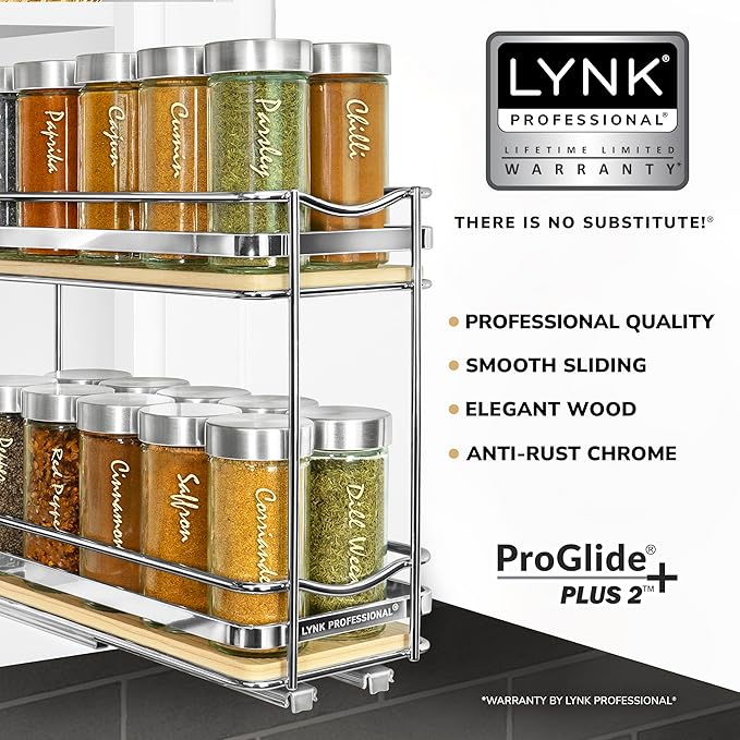LYNK PROFESSIONAL® Élite™ Pull Out Spice Organization for Cabinets - 4-3/8 inch Wide – Spice Rack for Inside Cabinets – Wood/