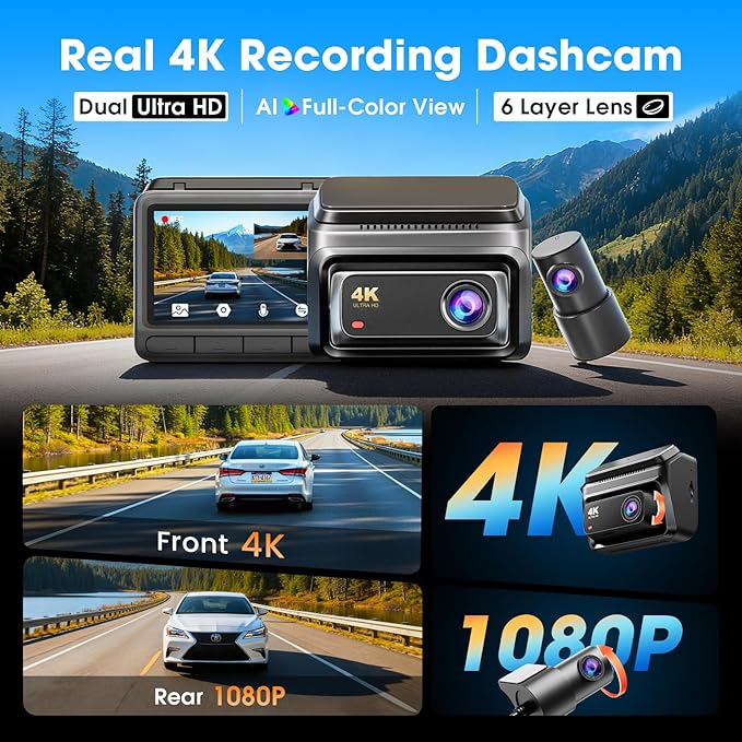 DDPAI 3 Channel Dash Cam Front and Rear, 4K+2K+1080P Triple Dashcam for Cars with Dual 32G eMMC Storage Car Camera Dashcam, G