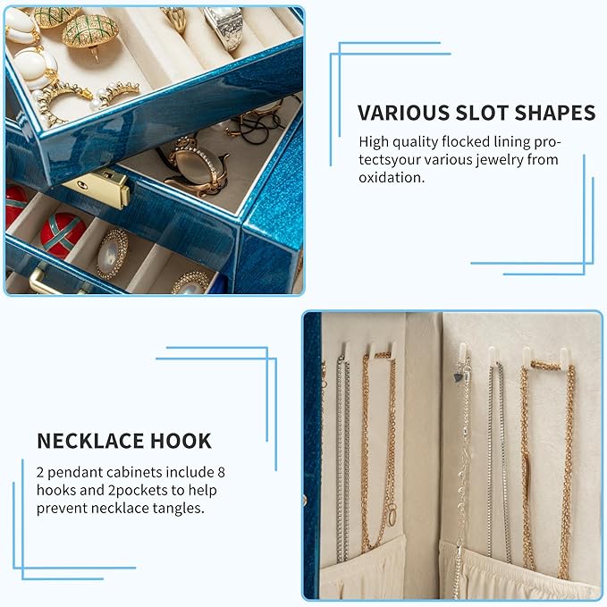 AKOZLIN 6-Tier Jewelry Box Lockable Leather Jewelry Storage Case with 5 Drawers for Women Girls Ring Necklace Earring Bracele