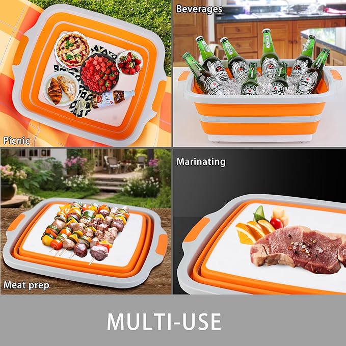 Tiawudi Large Collapsible BBQ Prep Tub with Lid(4.22 Gal/16L), Foldable Camping Sink with Colander, Cutting Board, Dish Basin