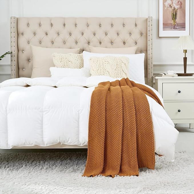 Chunky Cable Knit Throw Blanket Lightweight Burnt Orange 100% Organic Cotton Blanket for Sofa Couch Bed Baby Nursery, Rustic 