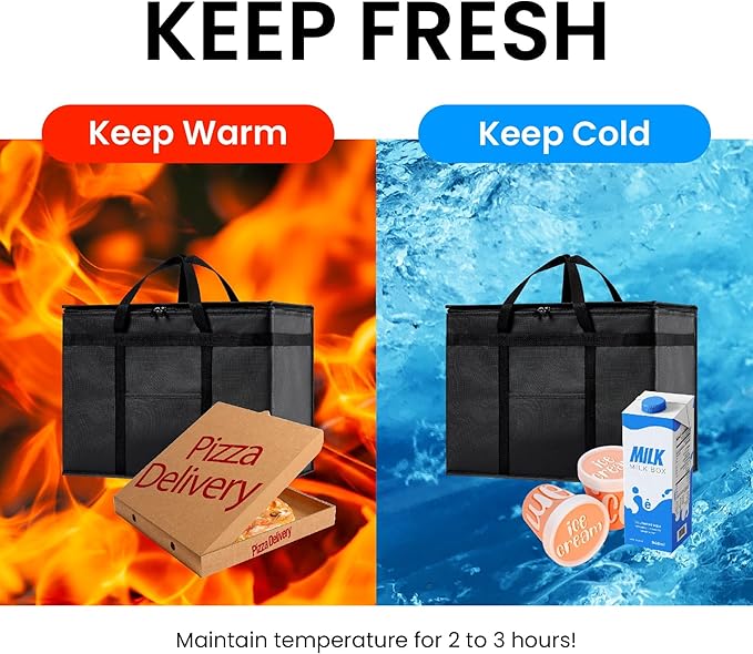 NZ home Insulated Bags for Food Delivery (XL Plus) Grocery Shopping Cooler Bag, Pizza Delivery, Hot & Cold Catering Tote, Reusable, Foldable & Heavy Duty (10 Pack, Black)