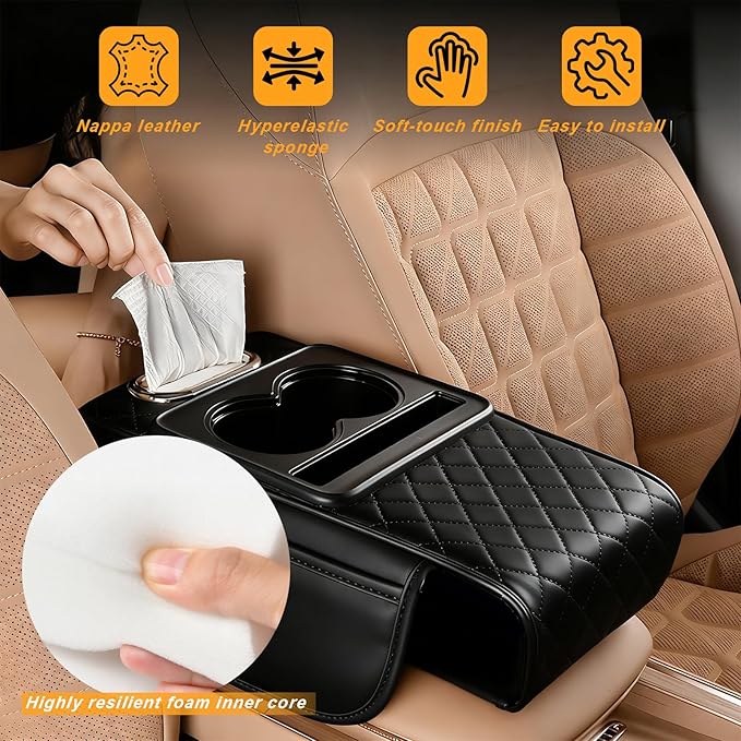 Center Console Cover for Car with Cup Holder and Tissue Box, PU Leather Armrest Storage Box with Phone Pocket, Heightening Car Armrest Cushion for Most SUV, Truck Interior