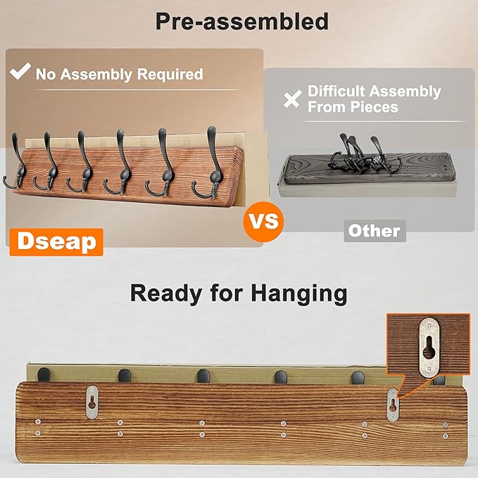 Dseap Coat Rack Wall Mounted - 24" Long 6 Tri Hooks, Heavy Duty Wooden Wall Coat Hanger Coat Hook for Clothes Hat Jacket Clot