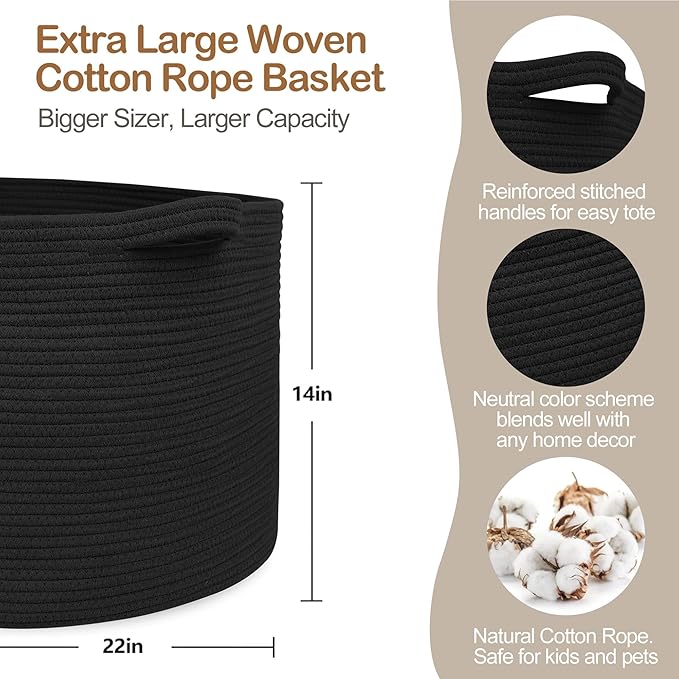 MEGASKET Large Black Blanket Basket, 22" X 22" X 14" Woven Rope Bin for Storage, Kids Dog Toy Storage Box Organizer Bins, Bla