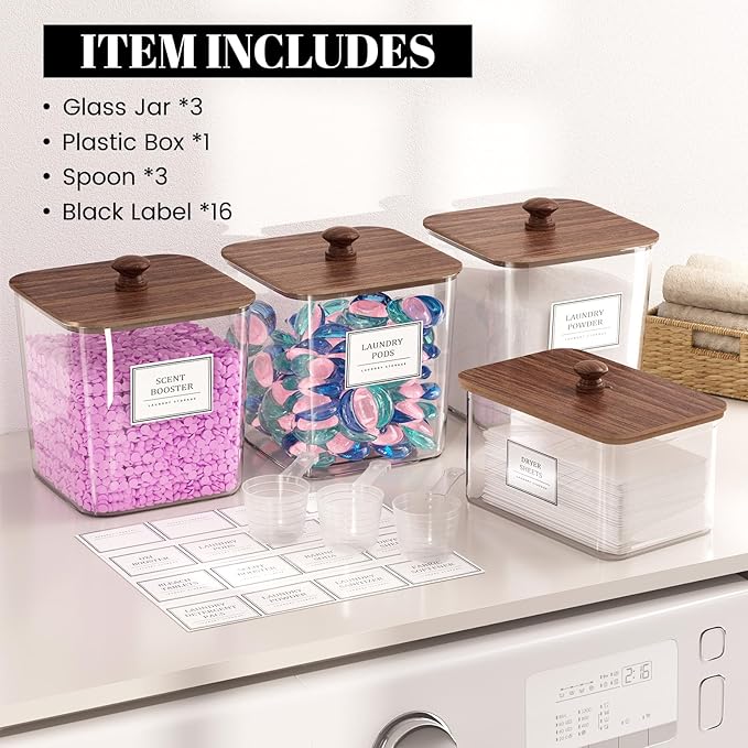 Laundry Pods Storage Container, Clear Laundry Room Organization and Storage,Detergent Powder Container,with Wooden Lids & Lab