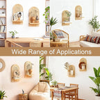 Rattan Wall Shelf Set of 2, 7'' Natural Floating Shelves Boho Decor, Rustic Wood Arched Rattan Wall Mounted Storage Shelves f