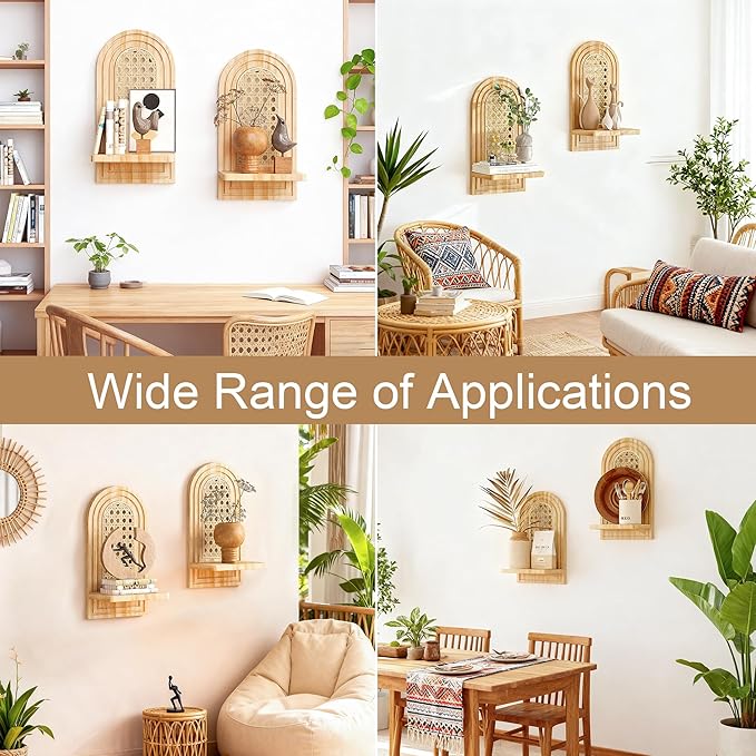 Rattan Wall Shelf Set of 2, 7'' Natural Floating Shelves Boho Decor, Rustic Wood Arched Rattan Wall Mounted Storage Shelves f