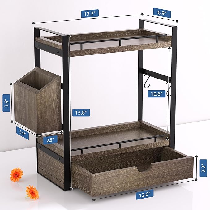2-Tier Wood Bathroom Counter Organizer, Countertop Organizer with Drawer and Storage Basket, Bathroom Sink Organizer for Vani