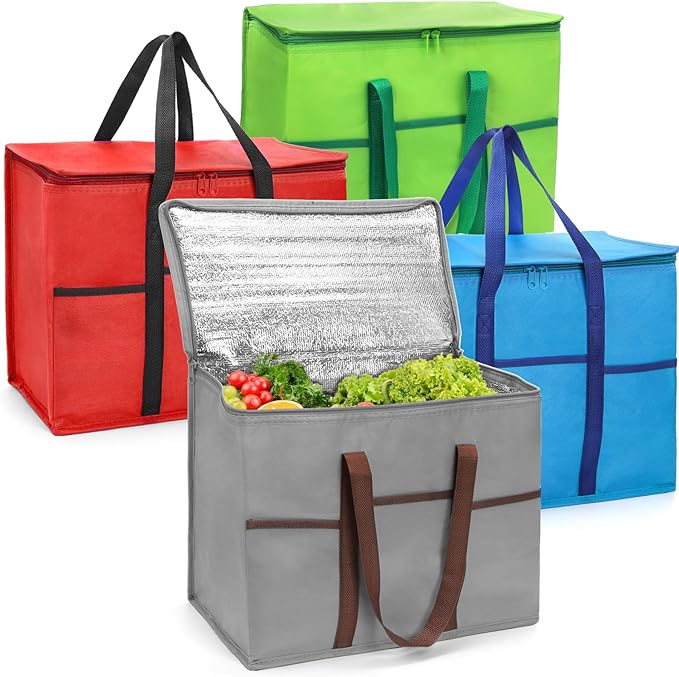 Foraineam 4 Pack Insulated Reusable Grocery Shopping Bags, Foldable Cooler Bag Food Delivery Bags with Hard Bottom Insert and Zippered Top, Stands Upright, Cooler Totes for Hot or Cold Food Transport
