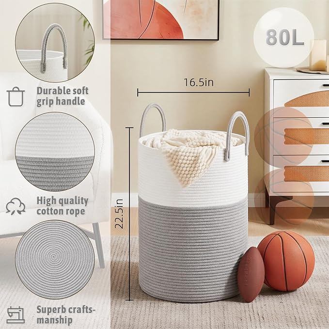 Artfeel Laundry Basket,Woven Cotton Rope Laundry Hamper,80L for Decorative Storage of Dirty Clothes,Toys and Blankets in Bath
