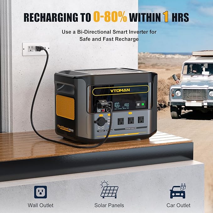 VTOMAN FlashSpeed 1000 Portable Power Station with Jumper Cables, 828Wh LiFePO4 Solar Generator & Car Jump Starter, 1H Fast Charging, 2000W Peak for Home Backup, Camping, Roadside Emergencies
